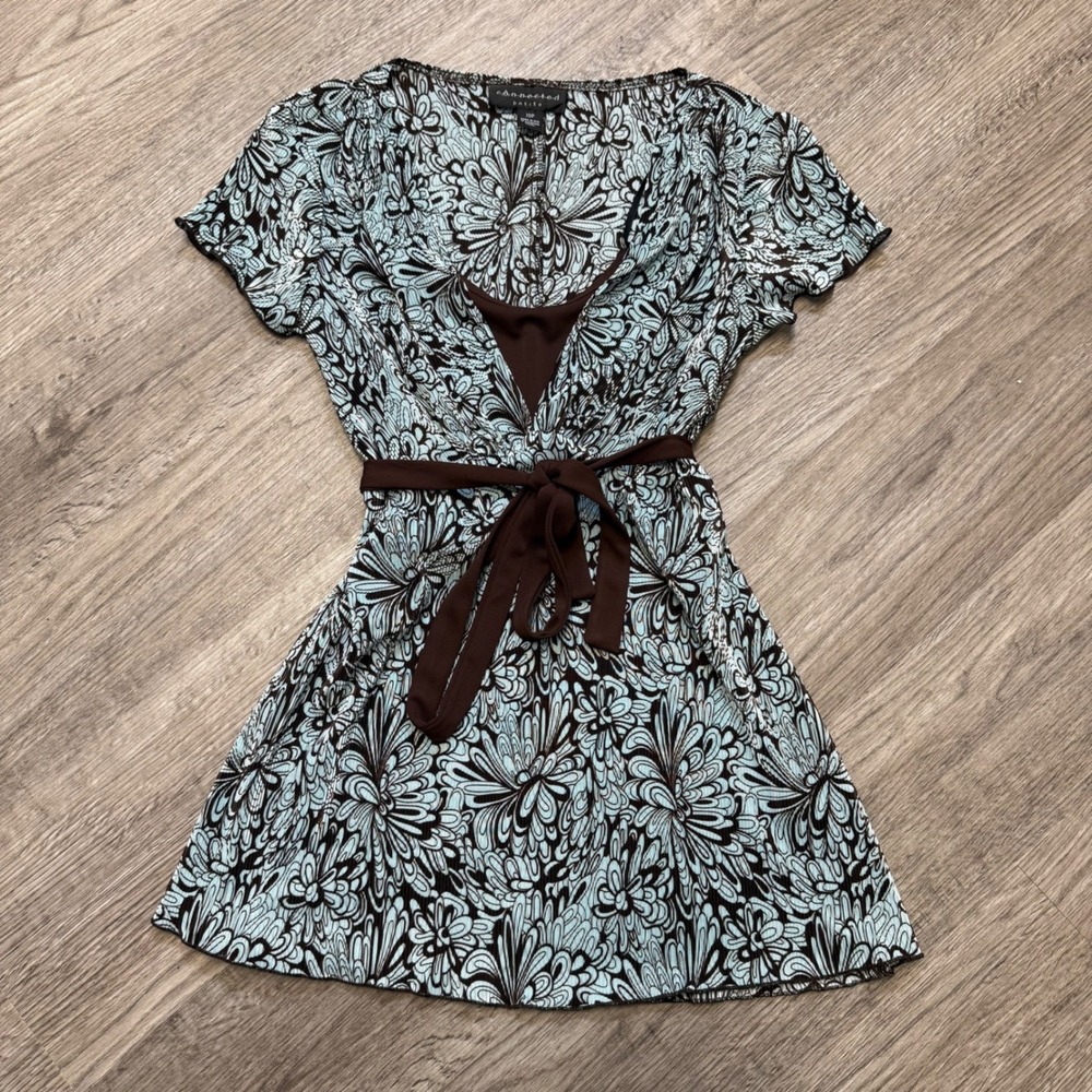 Connected Petite Y2K Baby Doll Tunic Top Blue Brown Floral Pleated Shirt 10P